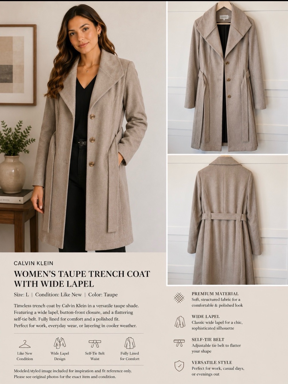 Calvin Klein Women's Taupe Trench Coat with Wide Lapel